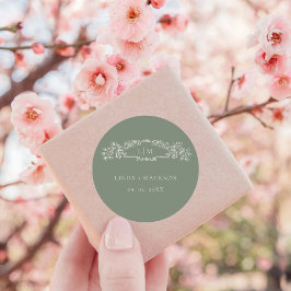 Sage Groene botanische kam monogram bruiloft Ronde Sticker