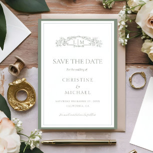 Sage Groene botanische kam monogram bruiloft Save The Date