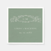 Sage Groene botanische kam monogram bruiloft Servet (Voorkant)