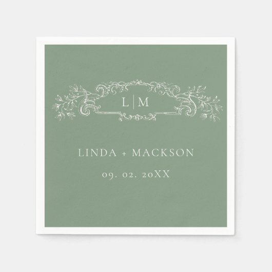 Sage Groene botanische kam monogram bruiloft Servet (Voorkant)