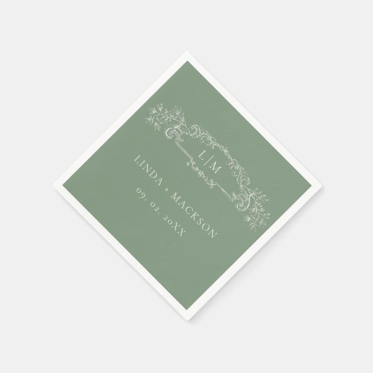 Sage Groene botanische kam monogram bruiloft Servet (Hoek)