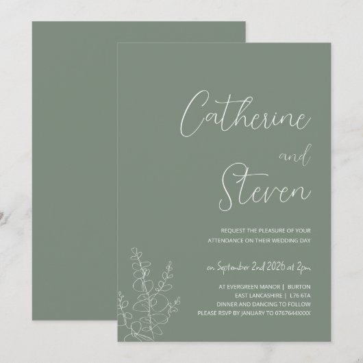 Sage groene botanische minimalistische huwelijksui kaart (Voorkant / Achterkant)