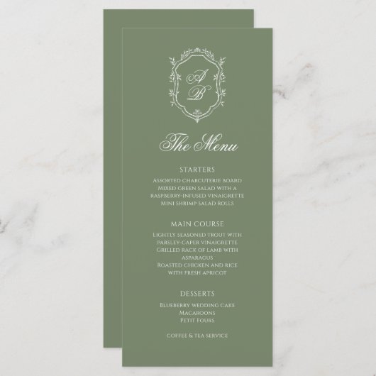Sage Groene Botanische Monogram Kreeft Huwelijk Menu (Voorkant / Achterkant)