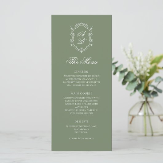 Sage Groene Botanische Monogram Kreeft Huwelijk Menu (Staand voorkant)