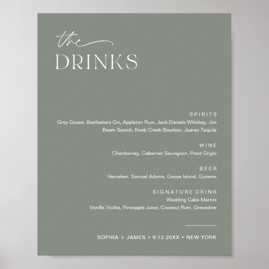 SAGE Groene Bruiloft Bar Drink Menu Sign Poster (Voorkant)