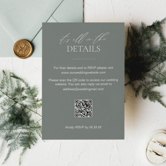 Sage Groene Bruiloft Details Kaart met QR Code