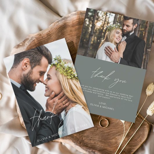 Sage Groene Bruiloft Handgeschreven Dank u 2 Foto' Bedankkaart