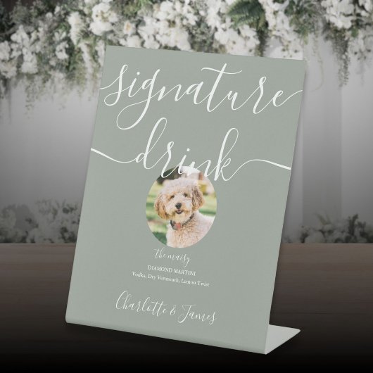 Sage Groene Bruiloft Pet Signature Drink Reclamebord Met Voetstuk