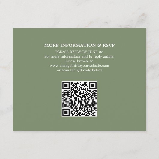 Sage Groene Bruiloft QR Code Details Behuizing Kaa Informatiekaartje (Achterkant)