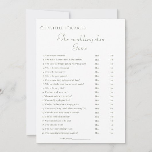 Sage groene bruiloft schoen spel Vrijgezellenfeest Aankondiging (Voorkant)