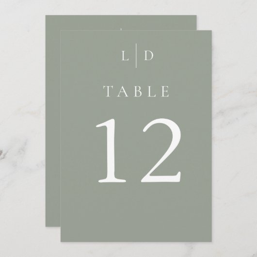 Sage Groene Chic Monogram Trouwtafel Nummers Kaart (Voorkant / Achterkant)