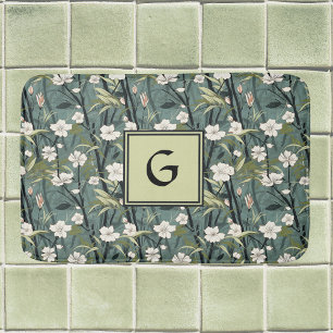 Sage groene chinoiserie bloem witte initiaal badmat
