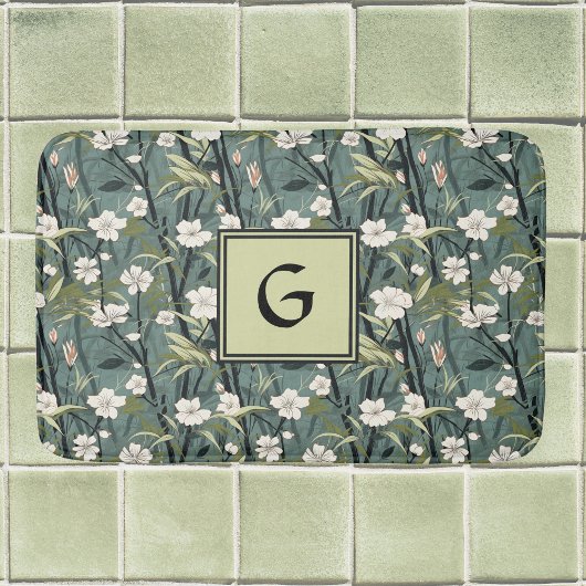 Sage groene chinoiserie bloem witte initiaal badmat