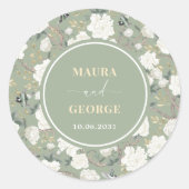 Sage Groene Chinoiserie Bloemvogels Bruiloft Ronde Sticker (Voorkant)