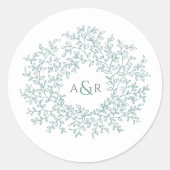 Sage groene cirkel van bladeren monogram bruiloft ronde sticker (Voorkant)