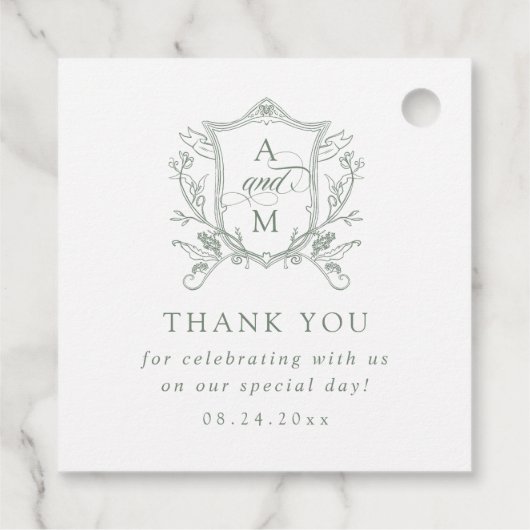Sage Groene Crest Bruiloft Dank u Bedankjes Labels (Achterkant)