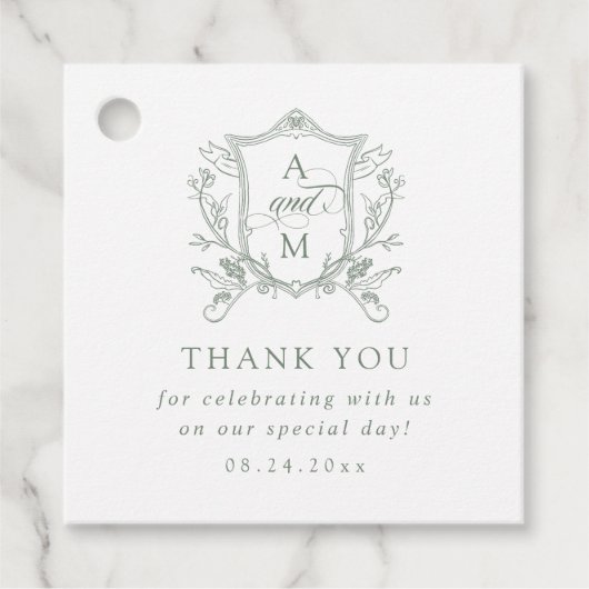 Sage Groene  Crest Bruiloft Dank u Bedankjes Labels (Voorkant)