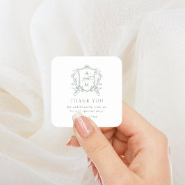 Sage Groene  Crest Bruiloft Dank u Vierkante Sticker