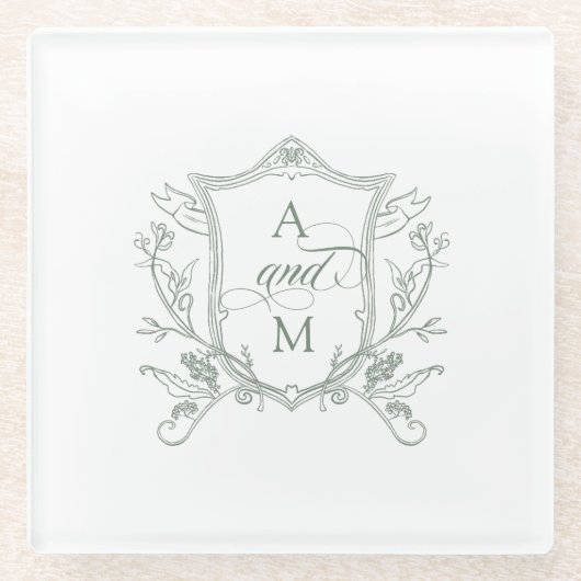 Sage Groene  Crest Bruiloft Glazen Onderzetter (Voorkant)