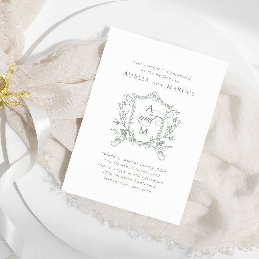 Sage Groene Crest Bruiloft Kaart