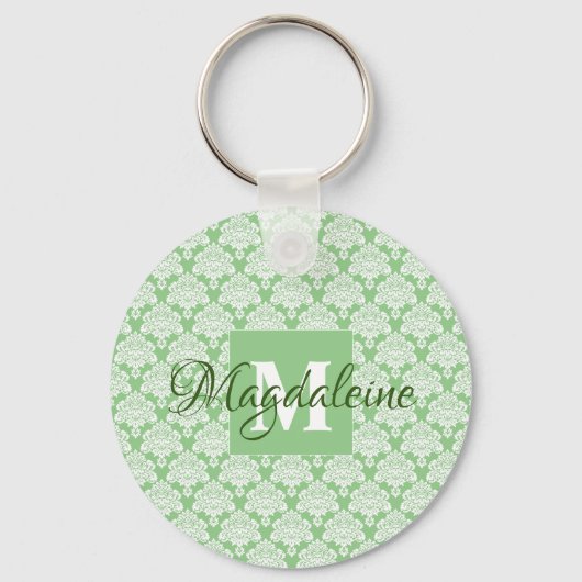 Sage Groene Damast Sleutelhanger met Monogram (Voorkant)