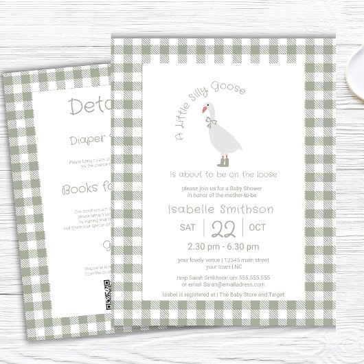 Sage Groene Dwaas Klein Gans Babyshower QR Code Kaart