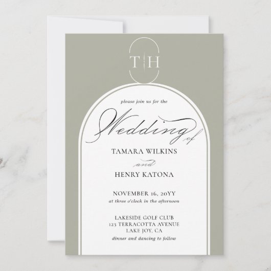 Sage Groene Elegante Kalligrafie Monogrammed Bruil Kaart (Voorkant)