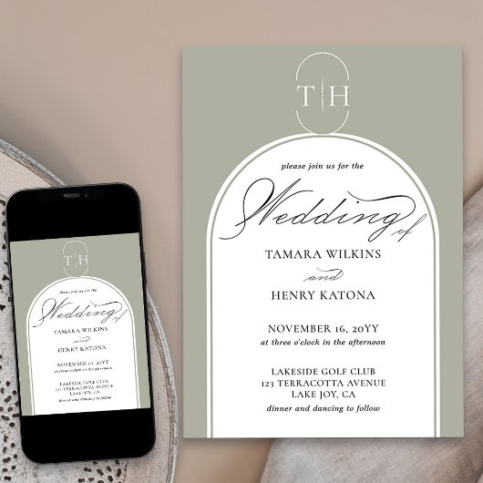 Sage Groene Elegante Kalligrafie Monogrammed Bruil Kaart