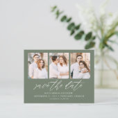 Sage Groene Elegante Script 3 Foto Save the Date Aankondigingskaart (Staand voorkant)