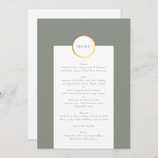 Sage Groene en Gouden Folie Cirkel Monogram Bruilo Menu (Voorkant / Achterkant)