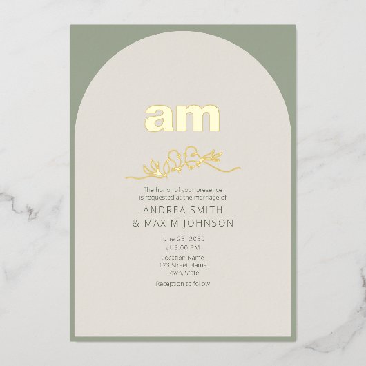 Sage Groene en Gouden Huwelijk Folie Uitnodiging (Voorkant)