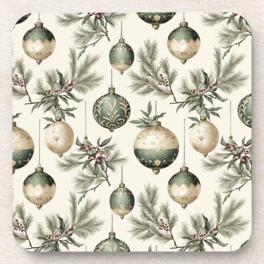 Sage Groene en Gouden Kerst Ornamenten Bier Onderzetter (Voorkant)