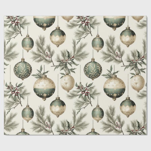 Sage Groene en Gouden Kerst Ornamenten Cadeaupapier (Vlak)