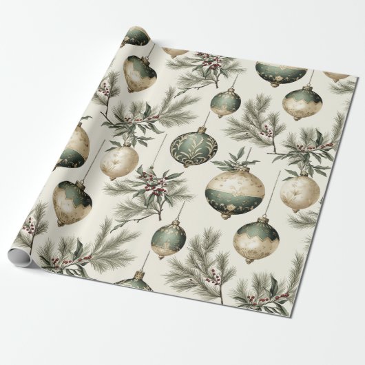 Sage Groene en Gouden Kerst Ornamenten Cadeaupapier (Uitgerold)