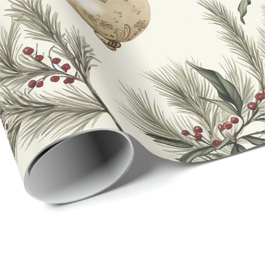 Sage Groene en Gouden Kerst Ornamenten Cadeaupapier (Rol Hoek)