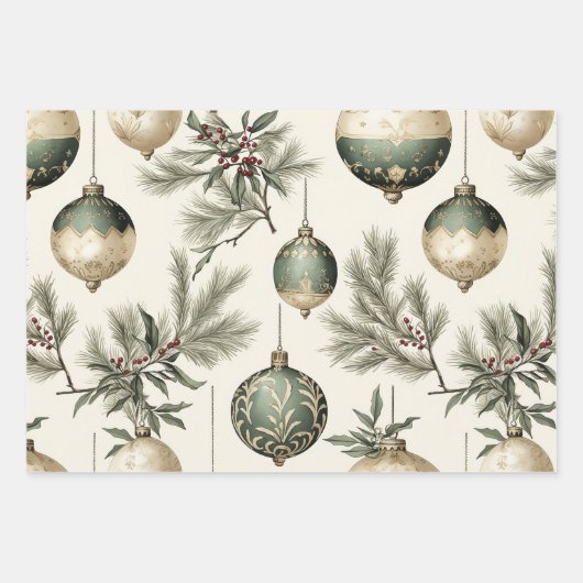 Sage Groene en Gouden Kerst Ornamenten Inpakpapier Vel (Voorkant 3)