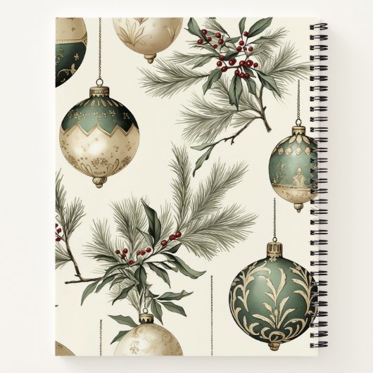 Sage Groene en Gouden Kerst Ornamenten Notitieboek (Achterkant)