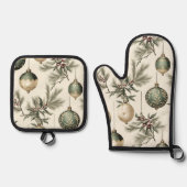 Sage Groene en Gouden Kerst Ornamenten Ovenwant & Pannenlap Set (Voorkant)