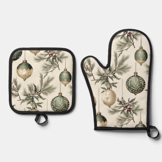 Sage Groene en Gouden Kerst Ornamenten Ovenwant & Pannenlap Set (Voorkant)