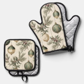 Sage Groene en Gouden Kerst Ornamenten Ovenwant & Pannenlap Set (Voorkant / Achterkant)