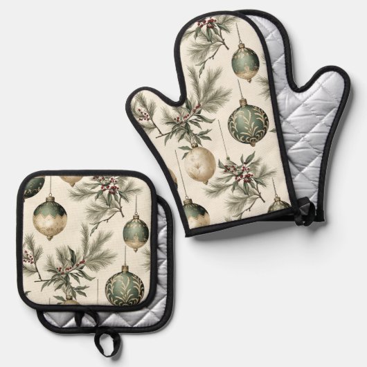 Sage Groene en Gouden Kerst Ornamenten Ovenwant & Pannenlap Set (Voorkant / Achterkant)