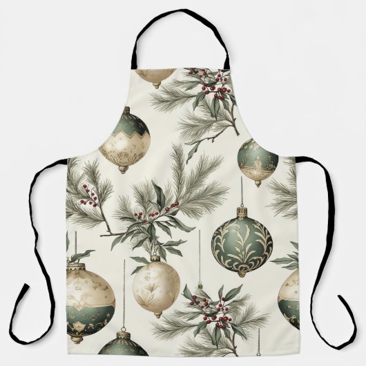 Sage Groene en Gouden Kerst Ornamenten Schort (Voorkant)