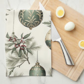 Sage Groene en Gouden Kerst Ornamenten Theedoek (Quarter Fold)