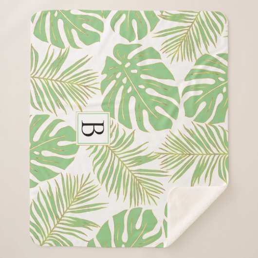Sage groene en goudtropische bladeren en monogram sherpa deken (Voorkant)