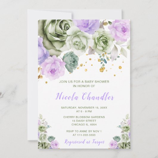 Sage Groene en Paarse Bloemen Baby shower Kaart (Voorkant)