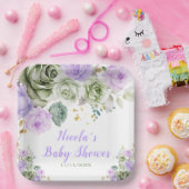 Sage Groene en Paarse Bloemen Baby shower Papieren Bordje (Feest)