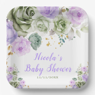 Sage Groene en Paarse Bloemen Baby shower Papieren Bordje