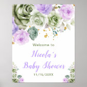 Sage Groene en Paarse Bloemen Baby shower Welkom Poster (Voorkant)