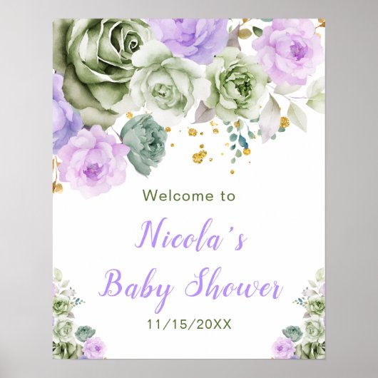 Sage Groene en Paarse Bloemen Baby shower Welkom Poster (Voorkant)