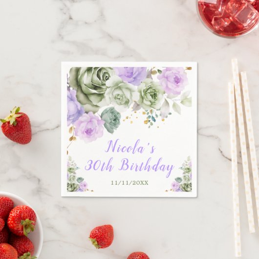Sage Groene en Paarse Bloemen Verjaardag Servet (Insitu)